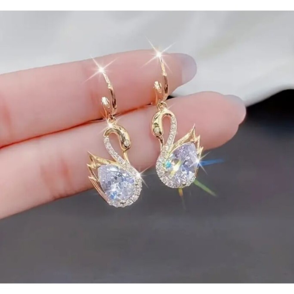 Dainty Gold Swan Earrings  with Rhinestones